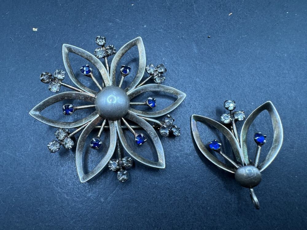 Vintage Sterling Silver 925 Blue and Clear Rhinestone Flower Brooch/Pin Lot of 2
